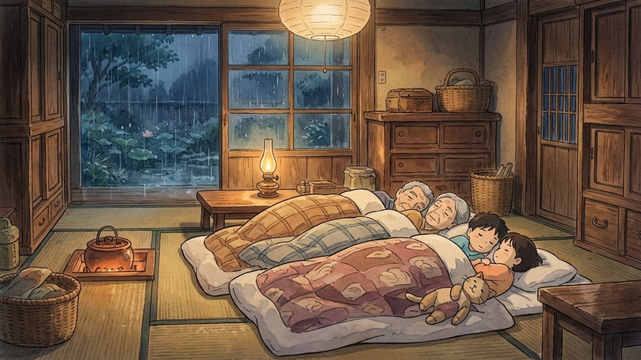 A Cozy Rainy Night at Grandparents’ House by the Lotus Pond 🌙🌸 Ghibli Vibe | Ghibli Warm Corners