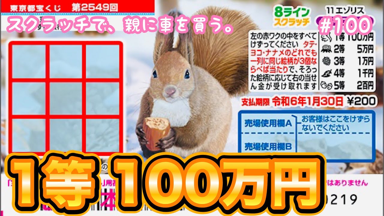 100枚挑戦!!【8ラインスクラッチ11 エゾリス タテヨコナナメ】1等100万円目指して、100枚削ってみた！！【宝くじ】