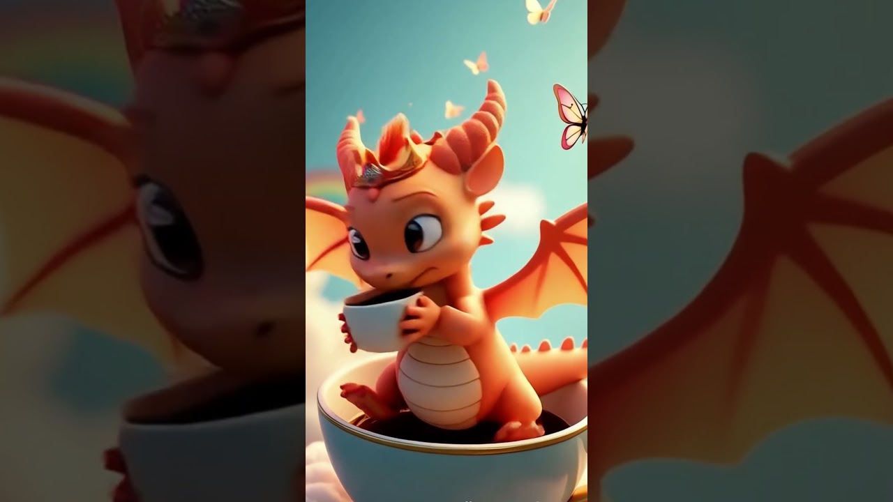 A baby dragon sitting inside a giant teacup 