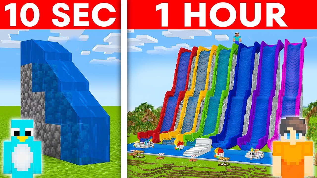 10 Second Vs 1 Hour - Waterpark House Build Challenge in Minecraft