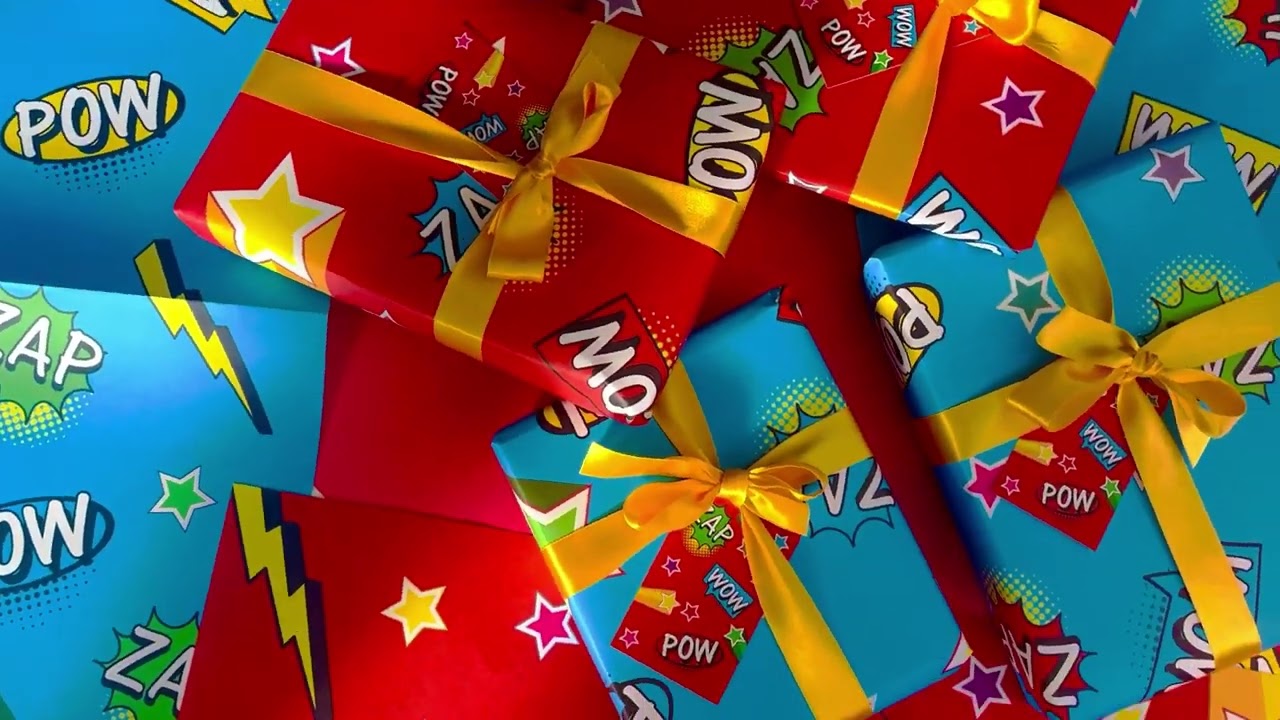 Blue and Red Pop Art Wrapping Paper and Gift Tags