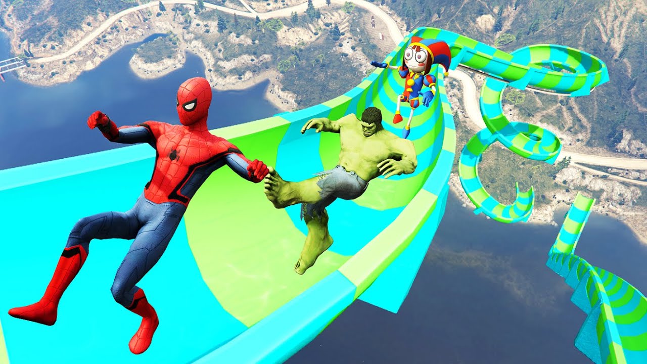 GTA V SPIDERMAN WATER SLIDE RAGDOLLS Fails - Rainbow Spiderman, Hulk ...