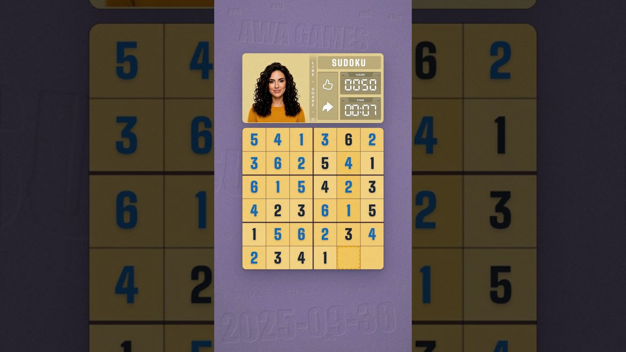 LinkedIn Mini Sudoku #50 solved board for September 30, 2025, 6x6 grid