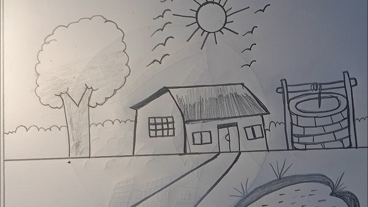 Scenery drawing//village scenery drawing for beginner//easy scenery drawing for kids 