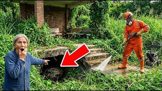 Overgrown yard transformation Pressure Washing A TRAPPED & DANGEROUS Yard