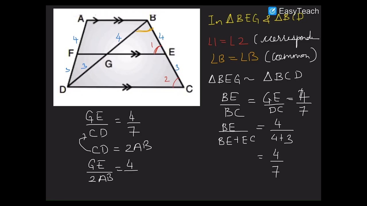 In a trapezium ABCD, AB || DC and DC = 2AB. EF || A B, BE/EC = 4/3.  Prove that, 7EF = 11AB. (HOTS)