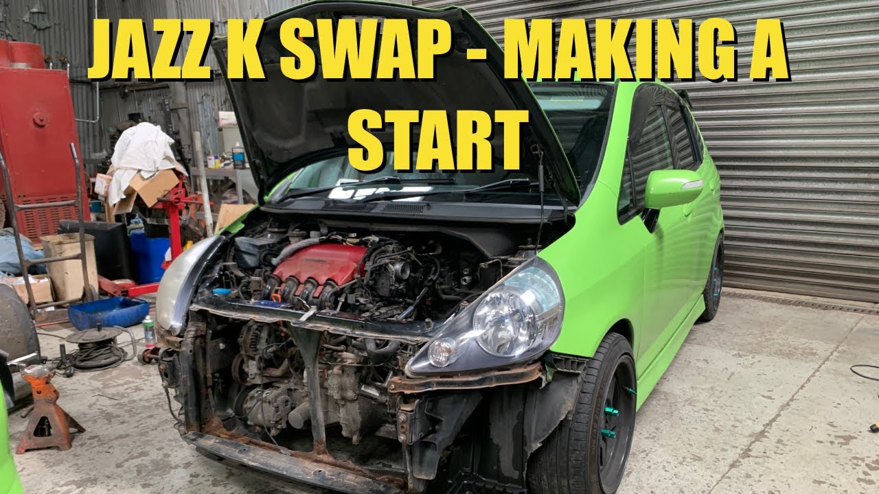Honda Jazz K Swap K20 Starting to strip the engine bay YouTube