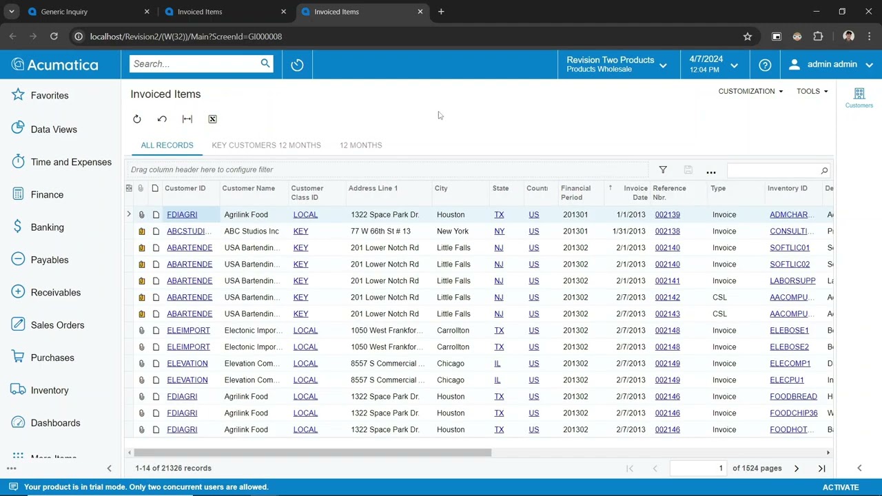 Acumatica - General Inquiry Pivot Tables and Dashboards