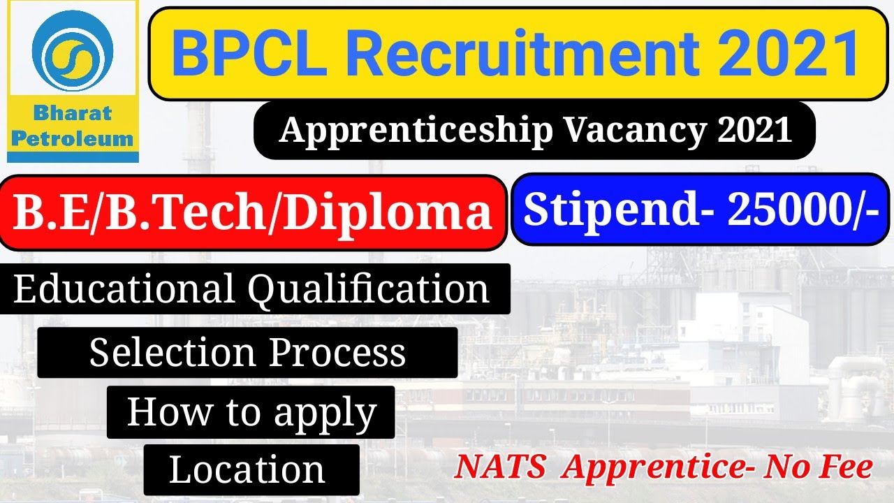 BPCL Recruitment 2021 | Diploma/B.E/B.Tech | BPCL Apprenticeship 2021 | Latest job updates