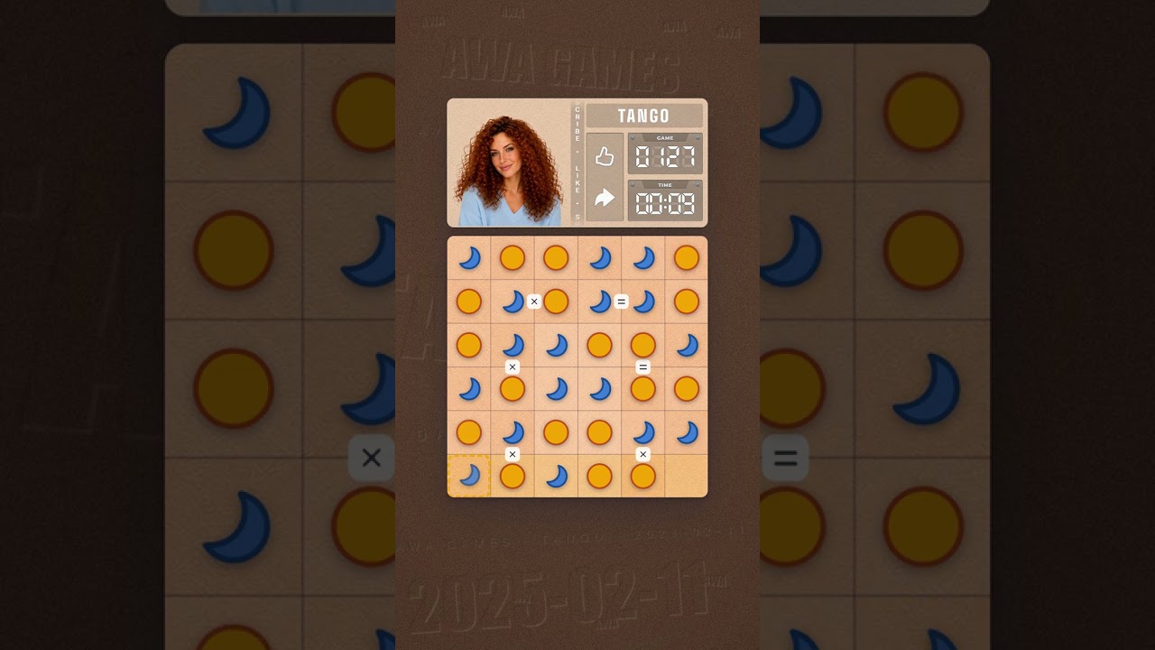 LinkedIn Tango #127 solved board for February 11, 2025, 6x6 grid