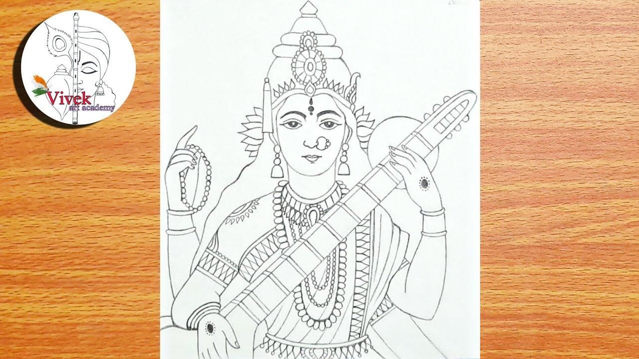 how to draw maa saraswati face with pencil sketch,drawing devi saraswati &  with bina, - YouTube