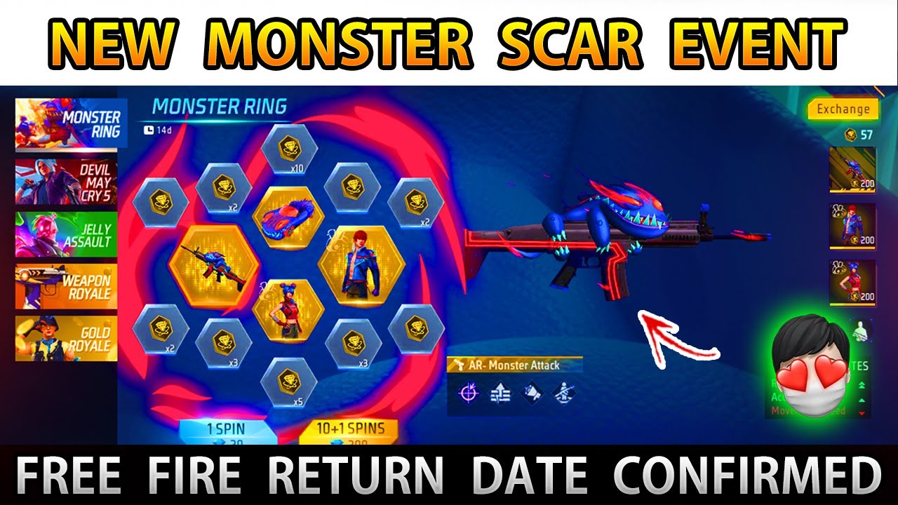 MONSTER RING EVENT EVO SCAR, FREE FIRE NEW EVENT, FF NEW EVENT TODAY, NEW  FF EVENT