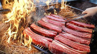 Fire! Amazing rice straw BBQ(Beef, pork) and soybean paste stew.  / Korean street food