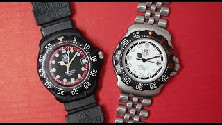 TAG Heuer Formula 1 men's vintage watches - fibreglass from 1989 and steel from 1996 side by side