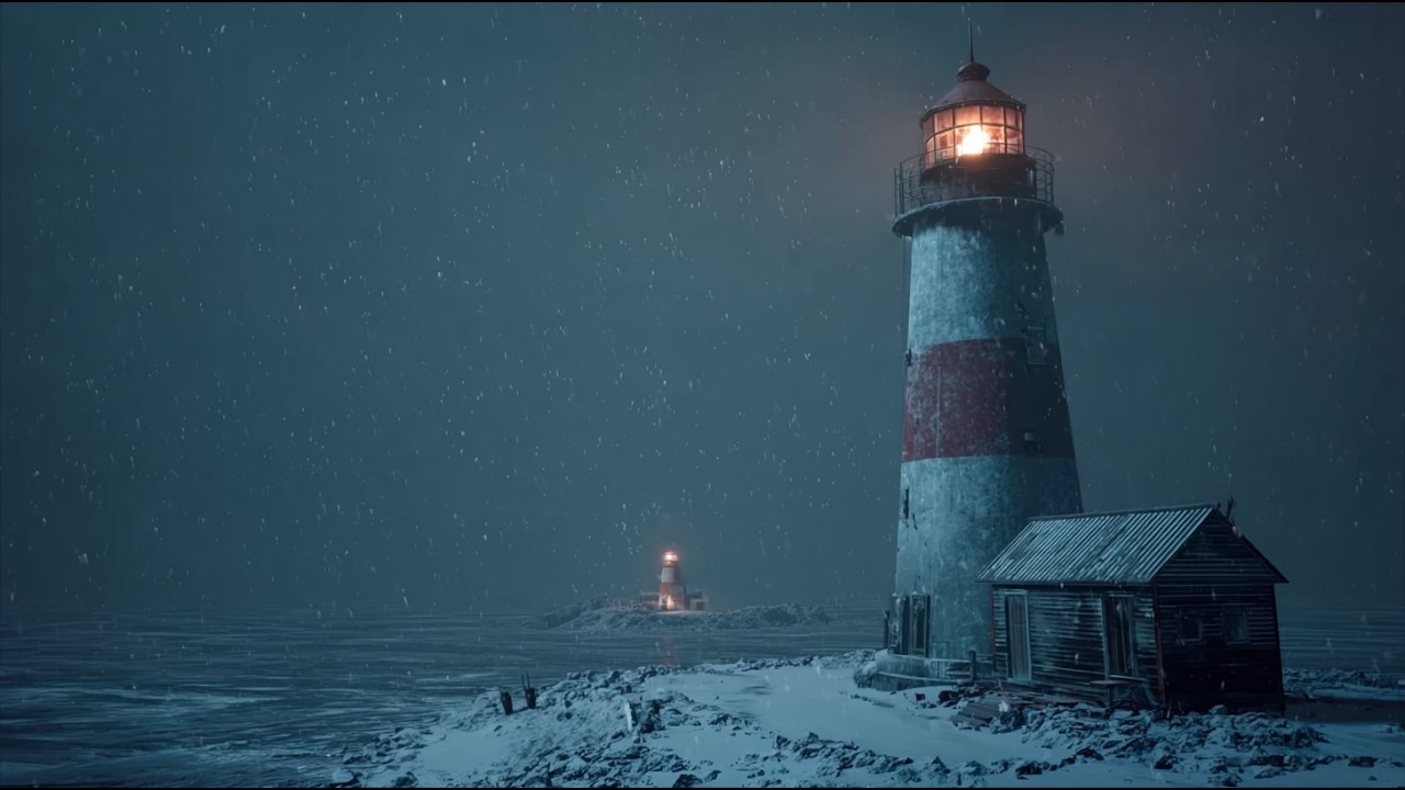 Sounds of a Heavy Night Snowstorm at an Old Lighthouse. Strong Winter Winds and Howling Blizzard.