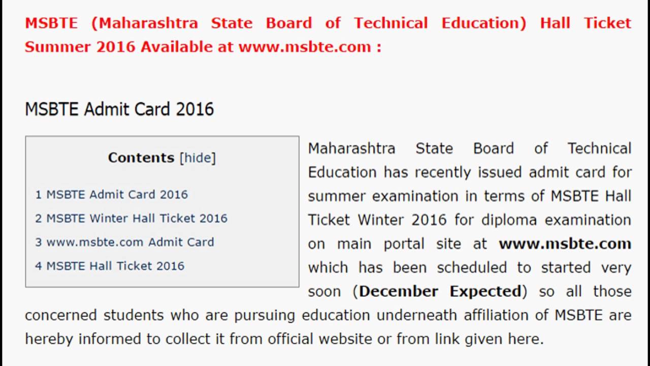 MSBTE Hall Ticket Winter 2016 | MSBTE Winter Hall Ticket |  RedPearl