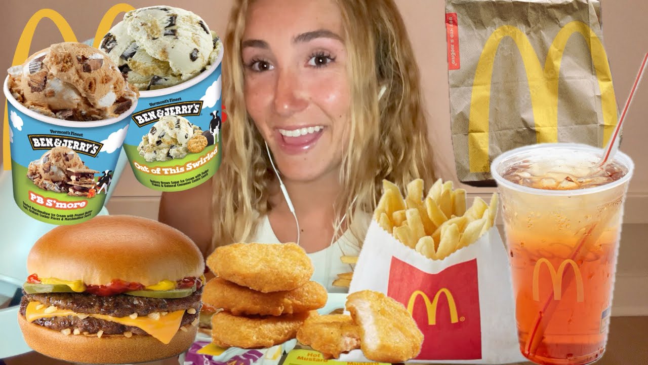 ASMR MCDONALDS MUKBANG | BEN & JERRY’S TASTE TEST | cheeseburger, fries, nuggets, pb s’more