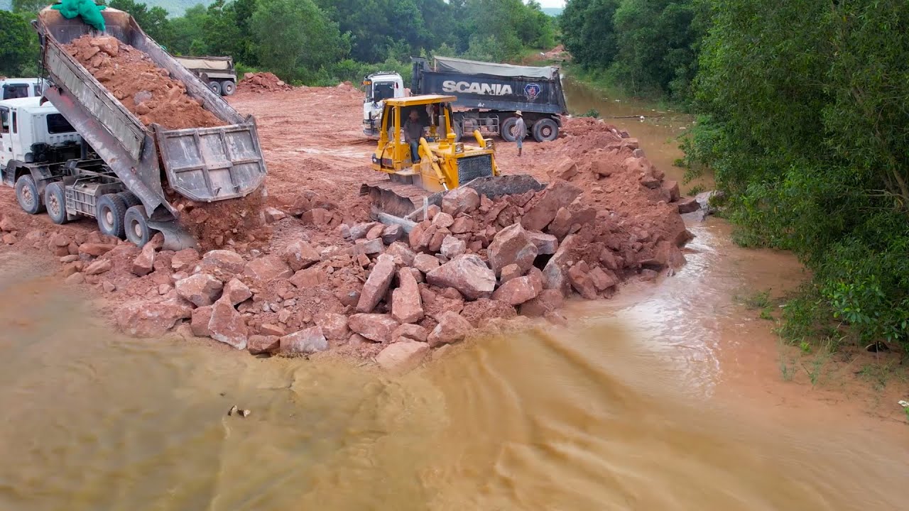 Incredible Huge Landfill Rock in Flood Area by Bulldozer and Dump Truck ...