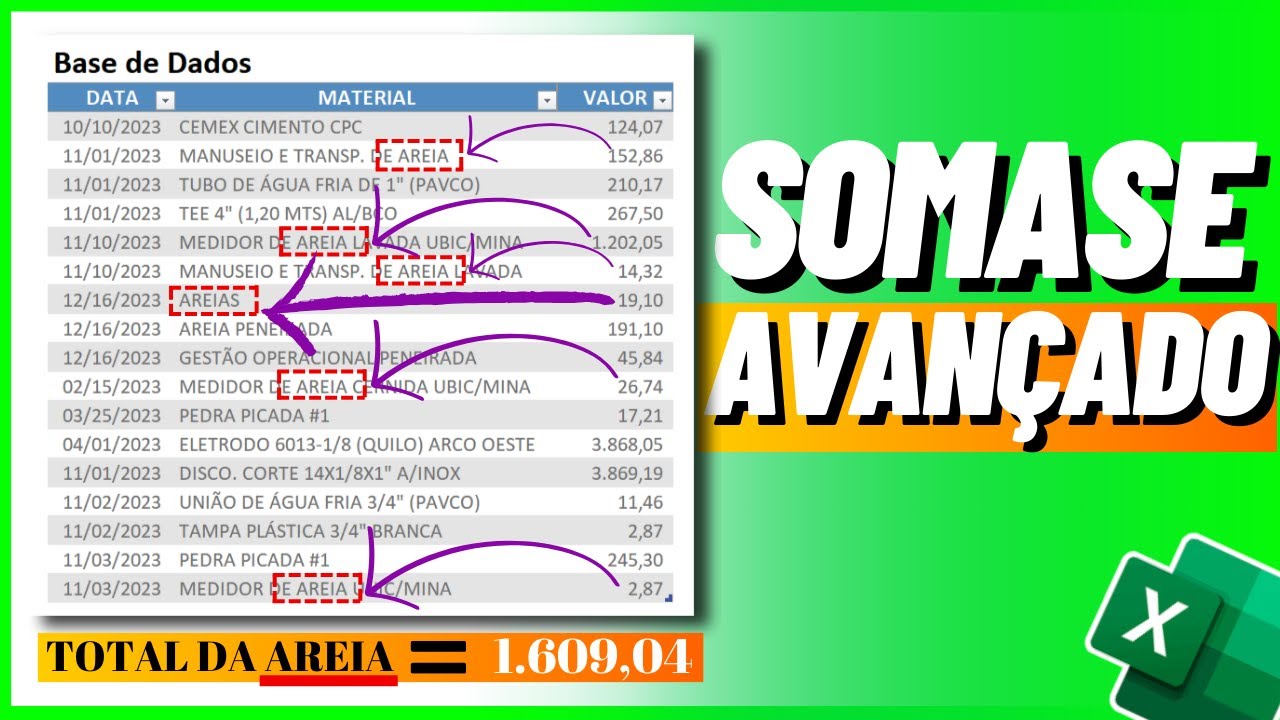 Como SOMAR as células CONTENDO uma PALAVRA parcial no EXCEL SOMASE Como SOMAR as células CONTENDO uma PALAVRA parcial no EXCEL SOMASE