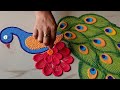 Beautiful n Innovative Peacock n Flowers Rangoli Designs For Diwali| Trick Rangoli, Peacock Rangoli