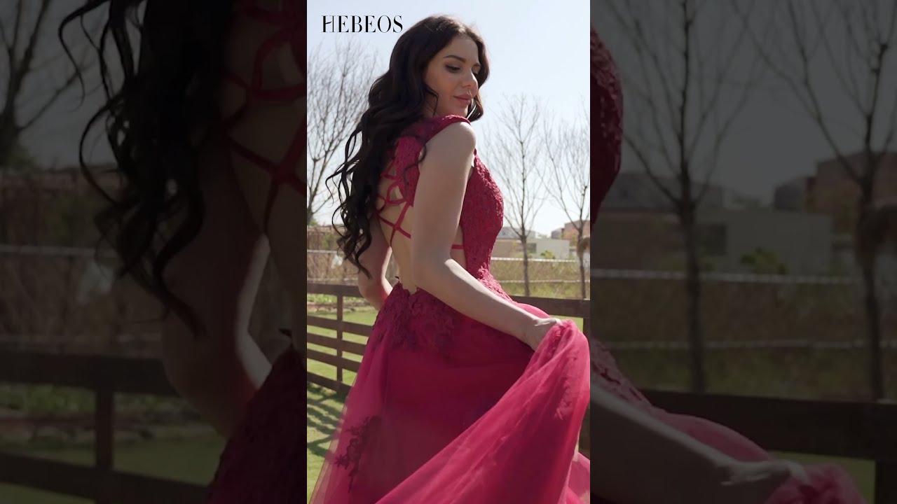 HEBEOS-A-Line/Princess Tulle Applique V-neck Sleeveless Floor-Length Dresses