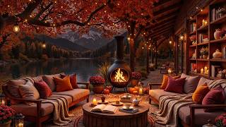 Gentle Jazz by the Fireplace | Autumn Riverside Night with Soft Light for Work screenshot 1