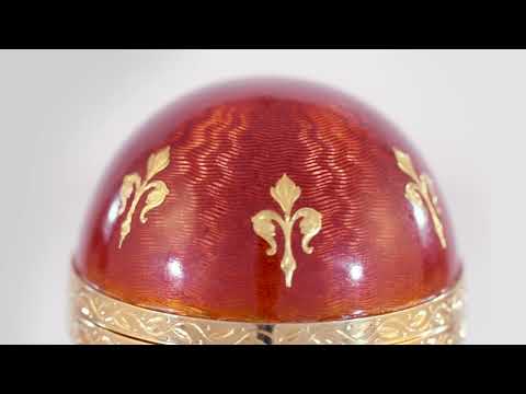 Fabergé Red Enamel Egg Object, 18k Yellow Gold, Red Guilloché Enamel with Fleur-de-Lys Paillons