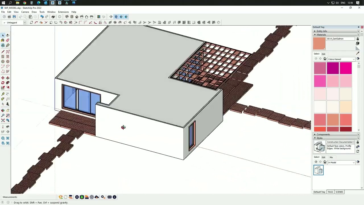 SketchUp Wooden Terrace Ceiling – Grid Structure & Integrated Lighting Preparation