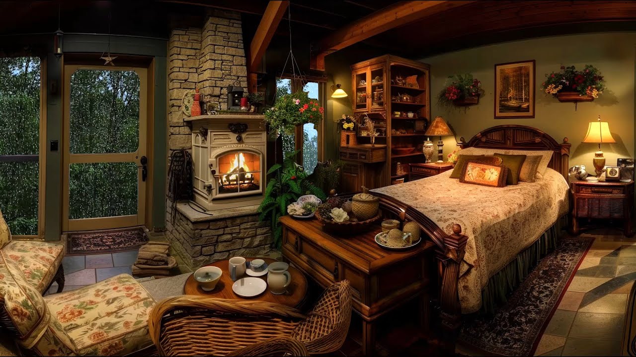 🔴Cozy Cabin Rain & Relaxing Fireplace Sounds | Relaxing Deep Sleep Aid ...