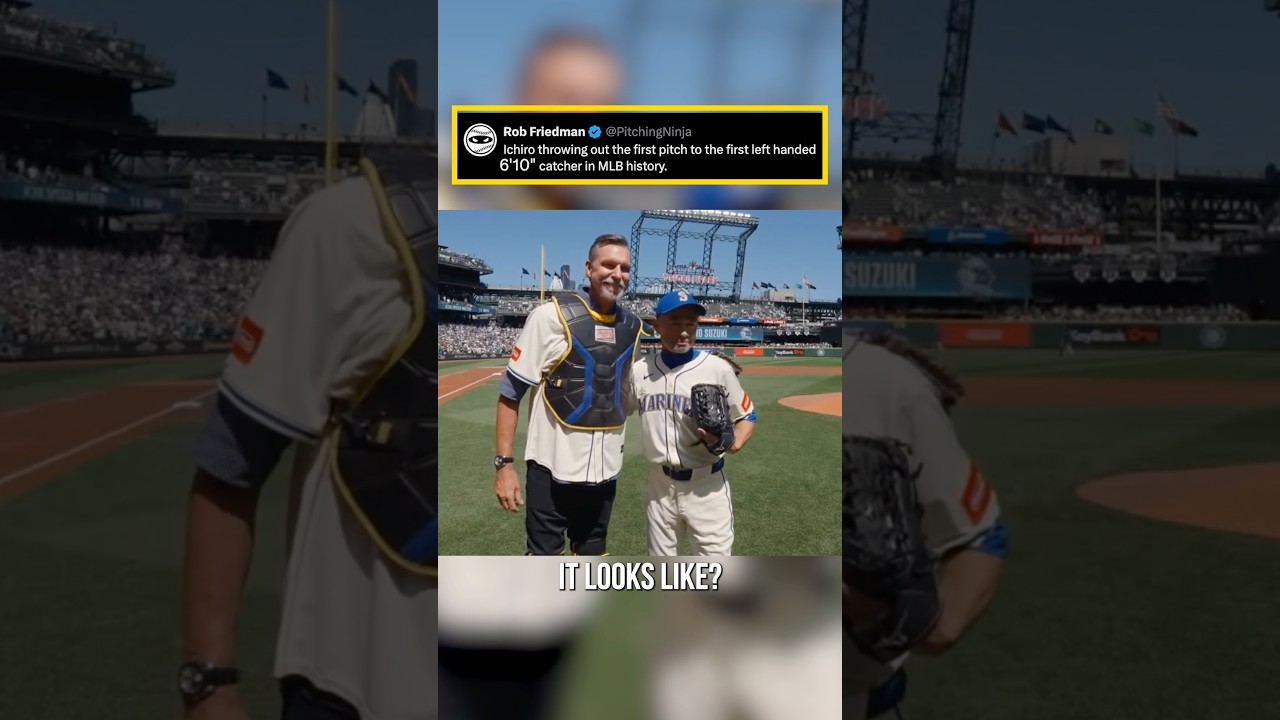 Ichiro throwing out the first pitch to the first left handed 6'10" catcher in MLB history.