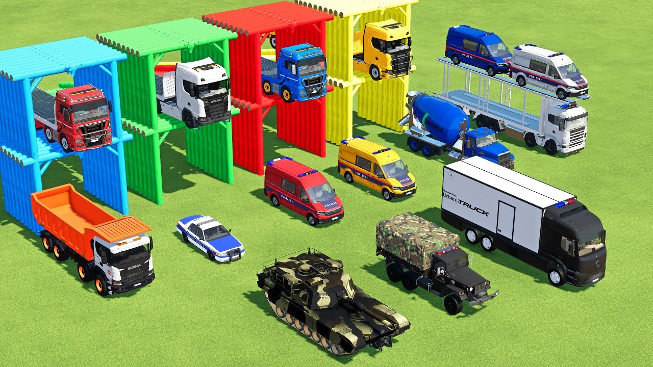 TRANSPORTING MERCEDES MINI BUS, VOLKSWAGEN POLICE, FORD POLICE, MERCEDES FIRE TRUCK TO GARAGE | FS22