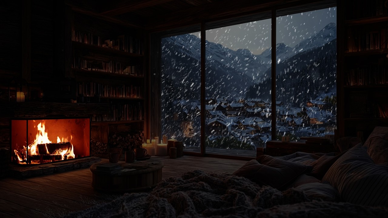 Gentle Winter Snow Drifting by Firelight Glow ❄️ A Still and Quiet Space for Deep Focus