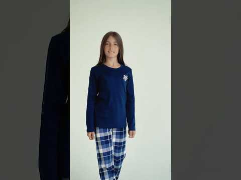 Детская пижама из 100% хлопка (лонгслив + штаны в клетку) темно-синяя | Наталюкс 94-5611, видео 1