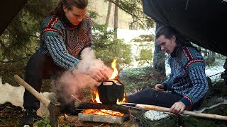 Winter Camping in RAIN: Cast-Iron Pot Cooking Under Tarp, Bushcraft Spear (ASMR)
