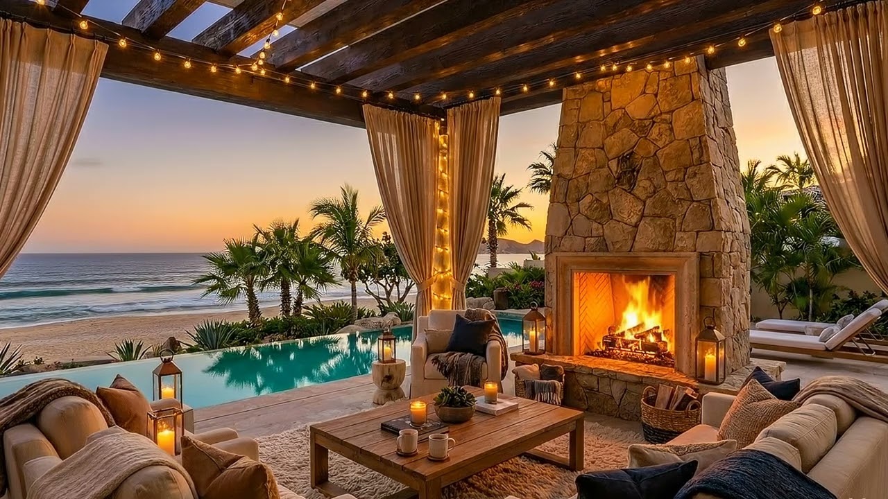 Beach Fireplace & Smooth Jazz Ambience | Ocean Sunset with Sea Waves for Relaxing, Sleep & Study