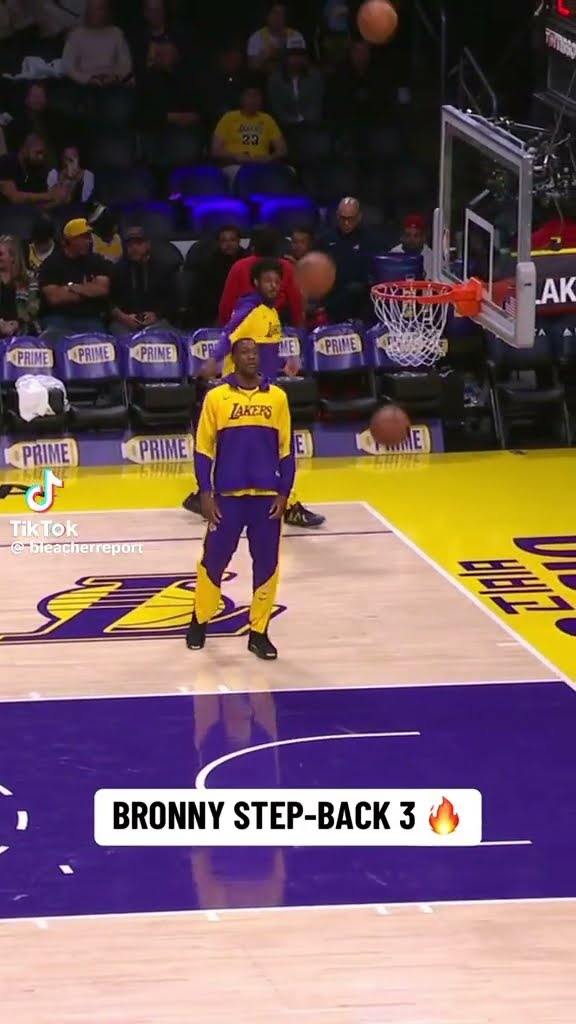 Bronny step back 3 #hoodnews #bronnyjames #warmup #lakers #NBA #viralvideo #trending #sports #how #i