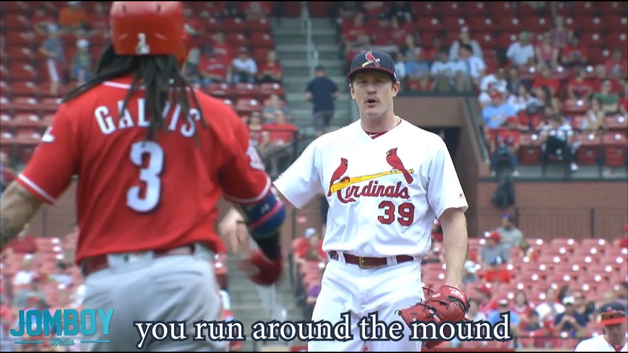Miles Mikolas yells at Freddy Galvis for running on the mound, a breakdown