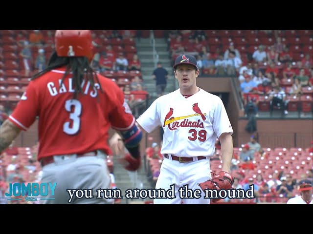 Miles Mikolas yells at Freddy Galvis for running on the mound, a breakdown
