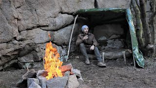 : Bushcraft Camping Under a Rock, Overnight in a Tarp Shelter