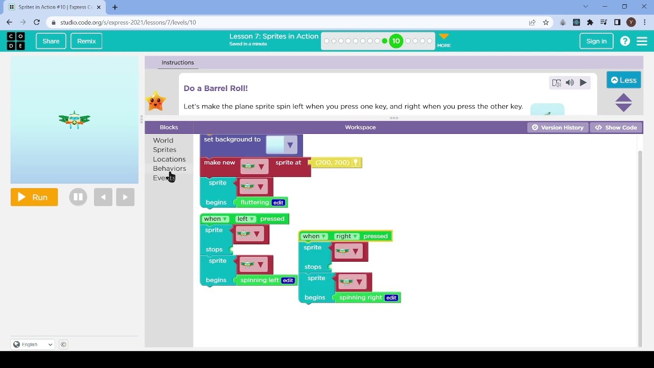 L7-10, Code.org, Express-2021, Lesson 7:Sprites in Action