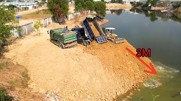 Great Technique operator mini Dozer working push stone filling up delete pond/Dump truck 5T dumping