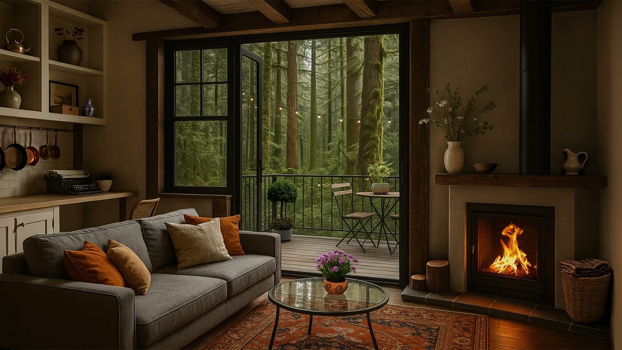 Peaceful Writing Cabin Fireplace Ambience | Crackling Fire & Forest Balcony Retreat for Focus & Calm