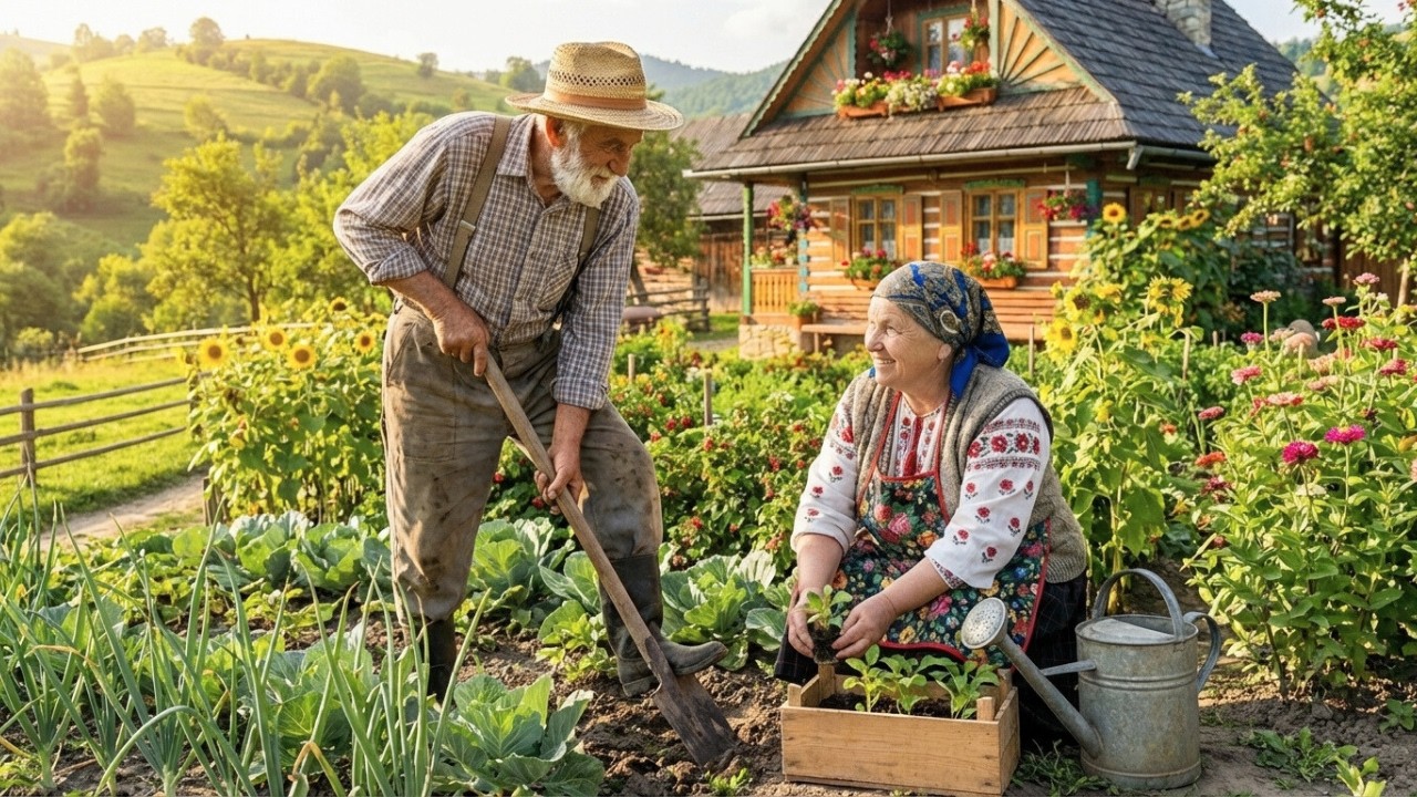 The happy old age of an elderly couple picking strawberries and baking a pie in a remote village