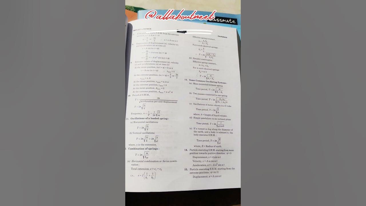 neet , jee physics oscillation (S.H.M) imp formula neet imp formula