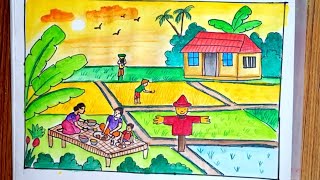 Beautiful Village Scenery Drawing | Easy Nature Landscape Drawing /village farm scenery drawing