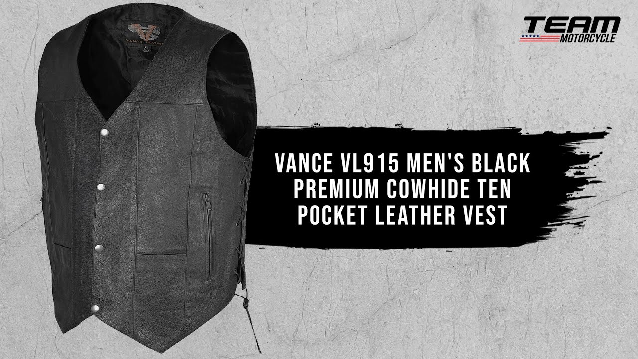 Vance VL915 Men's Black Premium Cowhide Ten Pocket Leather Vest