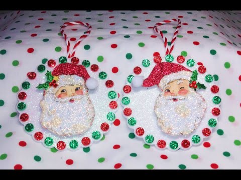 Sparkly Vintage Santa Head Ornaments, Using H.L. Fabric! Can Easily Slip Into Cards!
