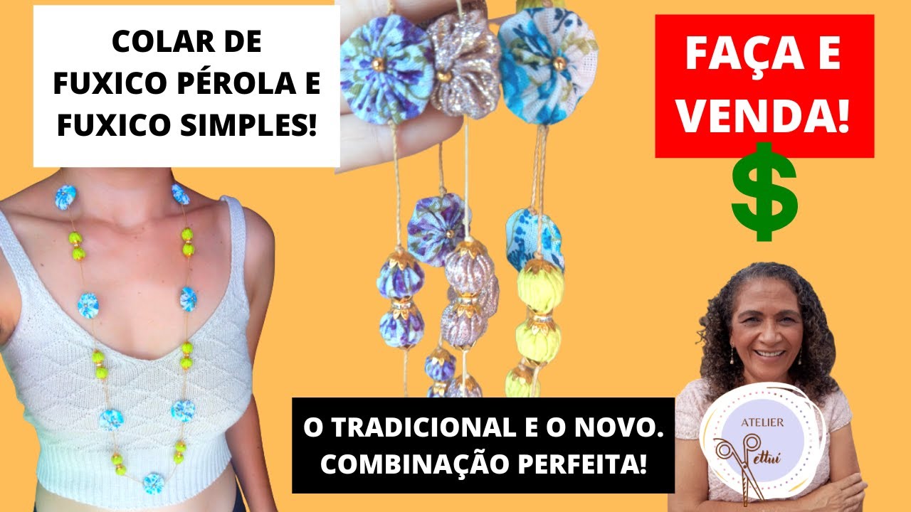 COLAR DE FUXICO PÉROLA E FUXICO SIMPLES, ÚNICO E EXCLUSIVO *Aprenda a fazer passo a passo*