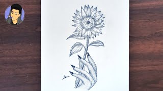 رسم سهل - رسم يد تمسك وردة بالرصاص دوار الشمس  | للمبتدئين في تعليم الرسم بالرصاص - رسومات سهلة
