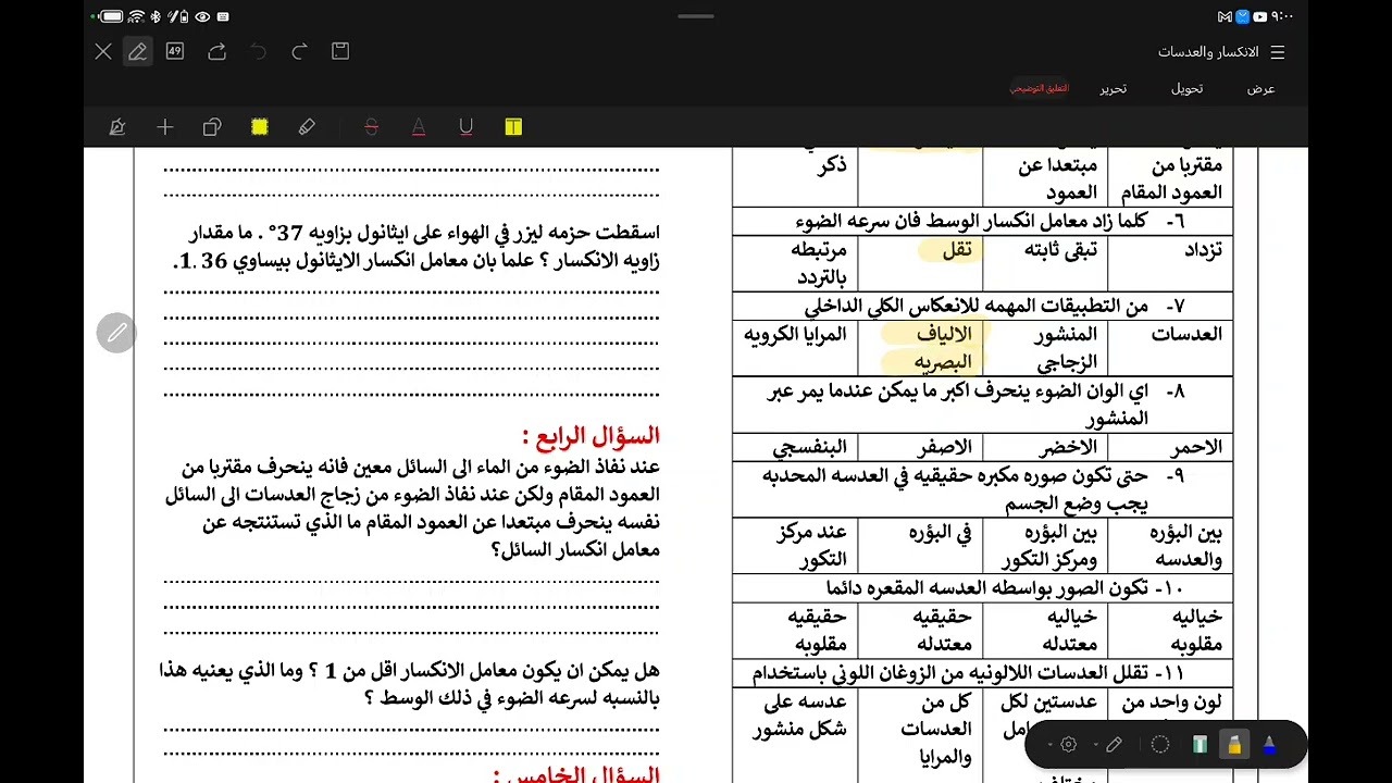 مراجعة الفصل السادس الانكسار والعدسات الجزء الاول